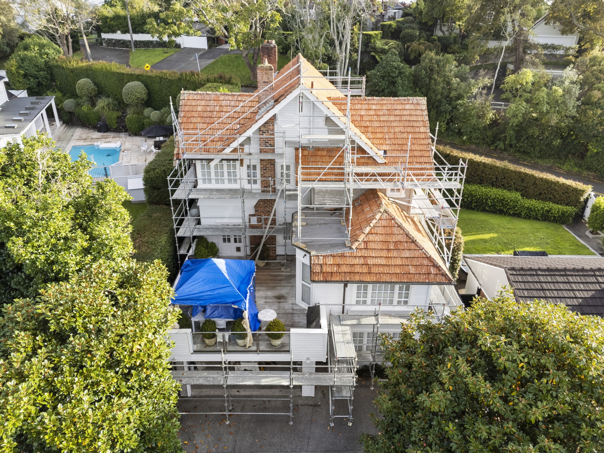 Aerial view during re-roof and restoration