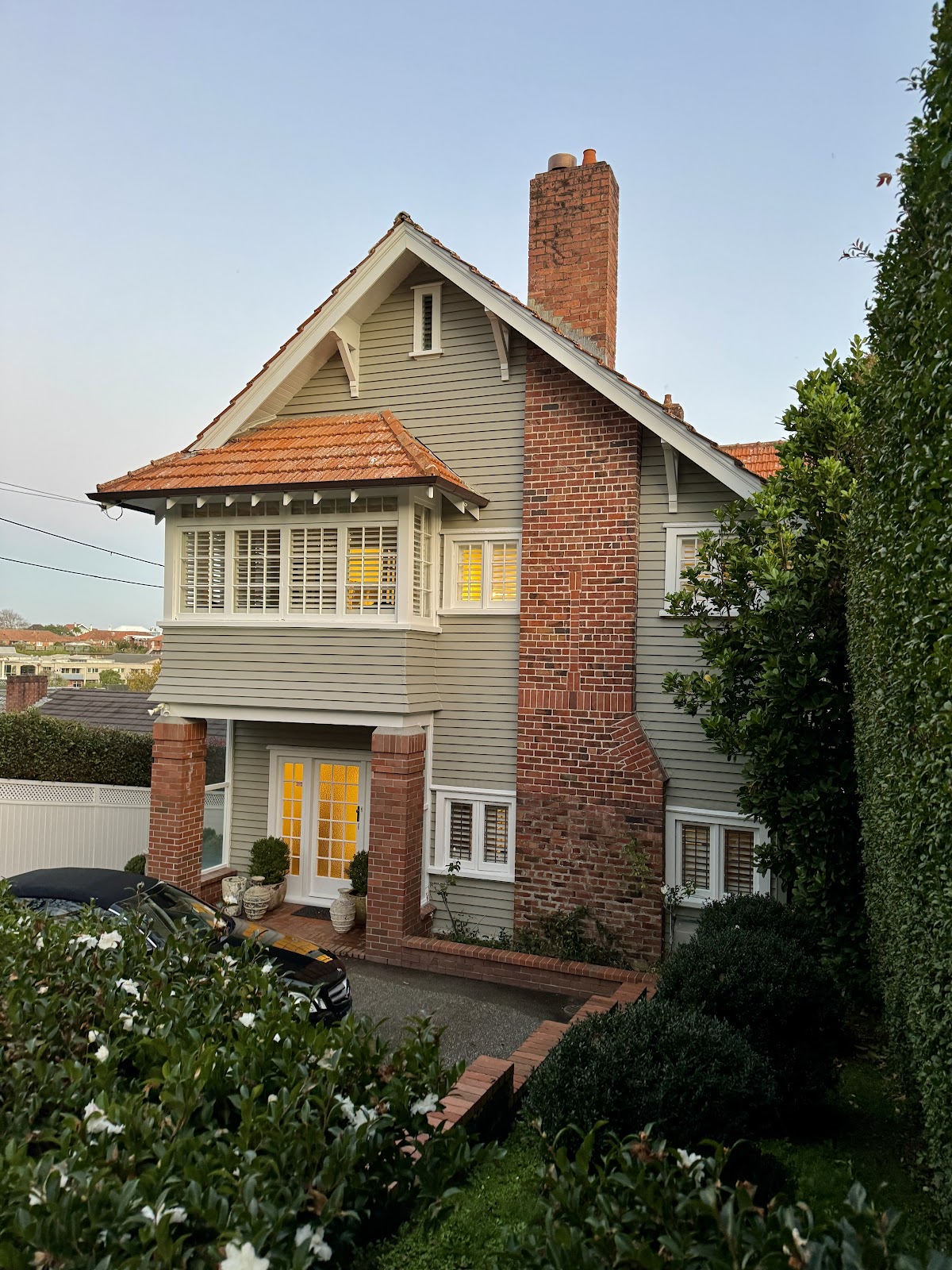 Villa street elevation at dusk